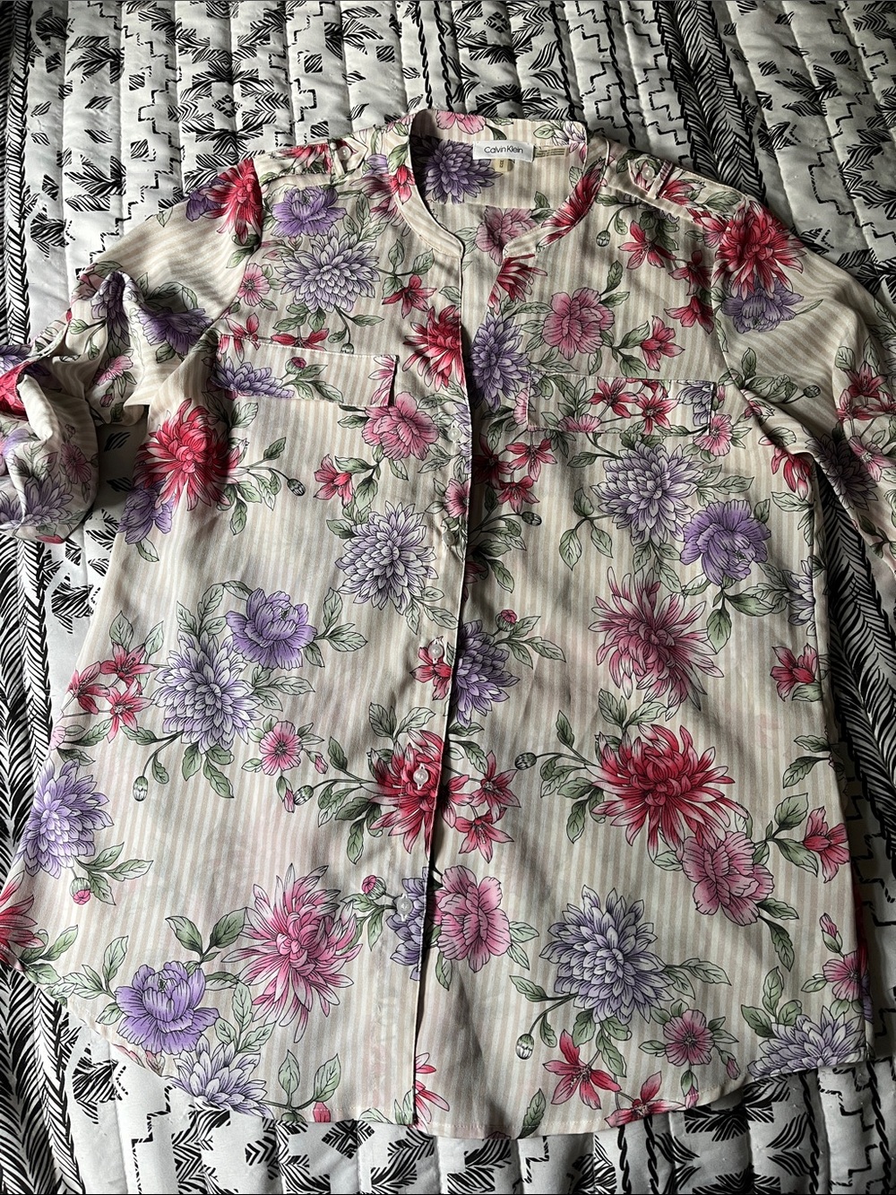 Calvin Klein Floral Striped Blouse Size M